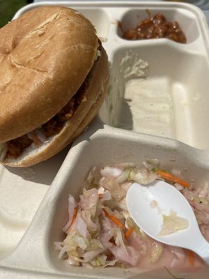 Vegan pulled “pork”, baked beans, coleslaw   at Farm Sanctuary in Watkins Glen
