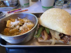 Sausage and peppers sando with butternut squash! (This cafe on the sanctuary is of course all vegan, but it is the tastiest food you could eat).   at Farm Sanctuary in Watkins Glen