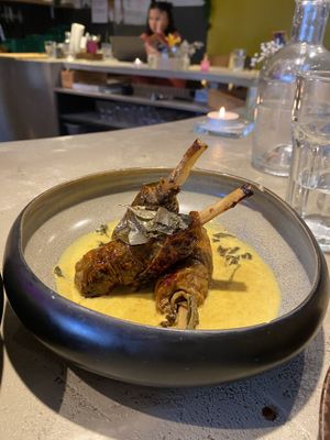 beancurd skin, mushroom seitan, gula melaka glaze, yellow coconut cream, curry leaf  at Gives a Fork in Geneva