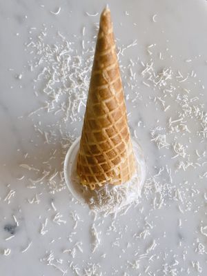 Toasted coconut flake gelato. We use coconut cream for most of our vegan milk gelato flavours. Sometimes other but milks are used in combination with coconut.  at Cold Front Gelato in Nanaimo