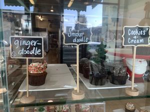 Labeled with a V in the shop for vegan  at Frosted Cakery in Fresno