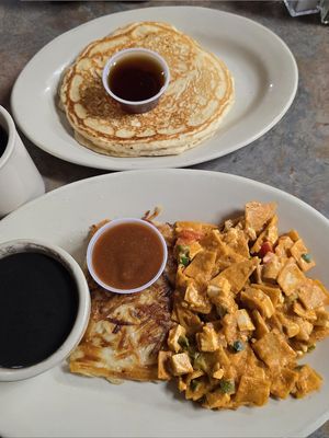 Vegan migas and vegan pancake. at Depot Cafe in Frisco