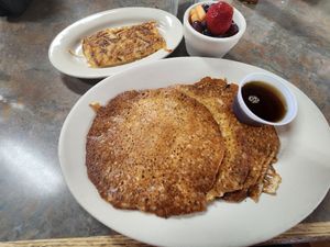 Vegan pancakes, hashbrowns, fruit bowl at Depot Cafe in Frisco
