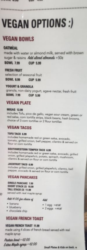 Vegan options on menu at Depot Cafe in Frisco
