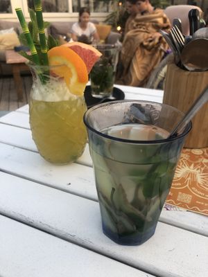 Ginger mint tea and the Shack special cocktail (REALLY GOOD!)  at Pele Surf Shack in Hook Of Holland