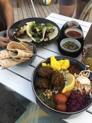 Tacos, Take a Dip and Green Falafel Bowl  at Pele Surf Shack in Hook Of Holland