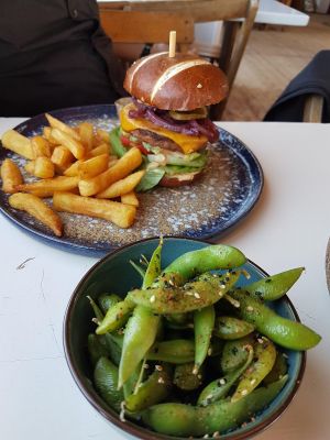burger + edame  at Pele Surf Shack in Hook Of Holland