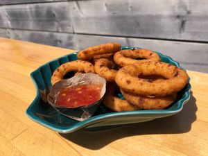 Delicious onion rings (photo made by Joey) at Pele Surf Shack in Hook Of Holland