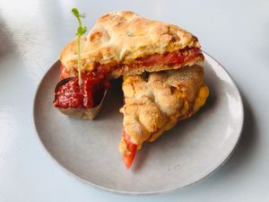 Cheazy melt with tomato chutney at Pele Surf Shack in Hook Of Holland