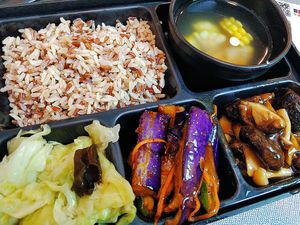 Bento set with cabbage, brinjal and mushroom + corn soup at Greendot - Orchard in Central Singapore