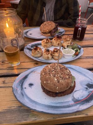 Vegan pizza rolls (nice!) + special avocado burger + standard vegan burger (all with wholegrain bread)   at Urban Kitchen in Heidelberg