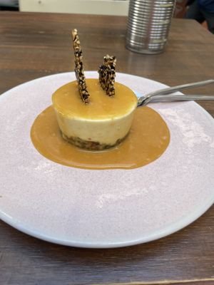 Almond cheesecake with lime leaf, miso salted caramel and sesame snap  at O Gambuzino in Lisbon