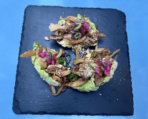 Vegan tacos 🤤oyster mushroom, yellow beetroot, hazelnut and gem lettuce   at O Gambuzino in Lisbon