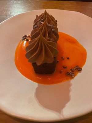 Chocolate brownie with belgian chocolate mousse with orange cream at O Gambuzino in Lisbon