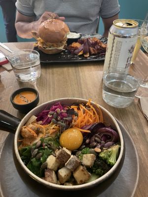 KFC “chicken” burger and bipimbap  at O Gambuzino in Lisbon