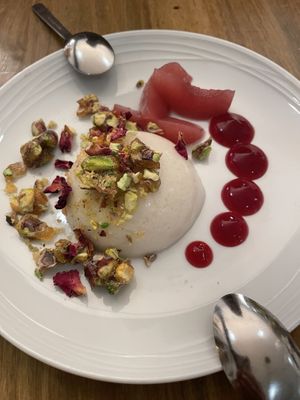 Panna cotta with pistachio and rose  at O Gambuzino in Lisbon