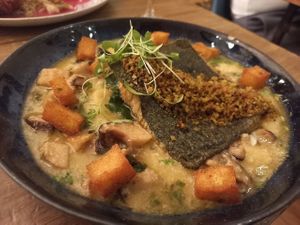 Celery "fish" dish with polenta at O Gambuzino in Lisbon