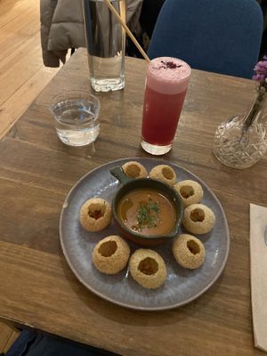 Pani puri with fermented gazpacho  at O Gambuzino in Lisbon