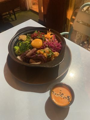 Bibibap with vegan yolk and kimchi  at O Gambuzino in Lisbon