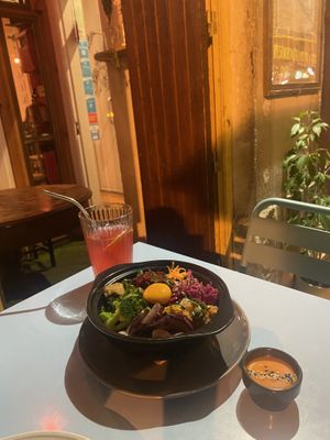 Bibimbap and pink lemonade  at O Gambuzino in Lisbon