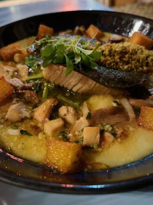 xerem do mar - confit celeriac fillet, topped with nori & cornbread crumbs, in a creamy polenta sauce with sautéed mushrooms & chard at O Gambuzino in Lisbon