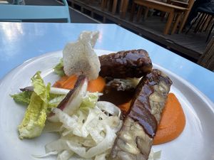 Tempeh, sweet potato purée, (fermented?) fennel that wasn’t “fennel-ly”. Sauce was tamarind and soy, I believe (liquid aminos?)  at O Gambuzino in Lisbon