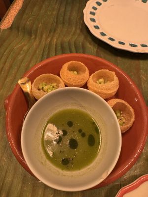 Fermented gazpacho pani puri  at O Gambuzino in Lisbon