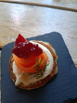 Blini with smoked carrot at O Gambuzino in Lisbon