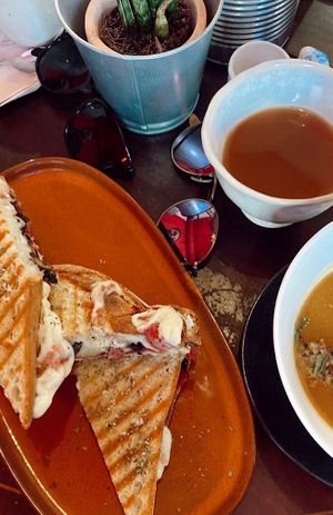Soup of the day + Toastie + Tea (best winter combo!). Ask for vegan cheese on any toastie. Soup is always vegan, gf at O Gambuzino in Lisbon