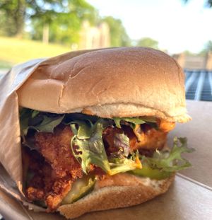 Vegan Fried "Chicken" Sando.
Marinated tofu, greens, paprika aioli, dill pickles at Picnic - Food Truck in Lansing