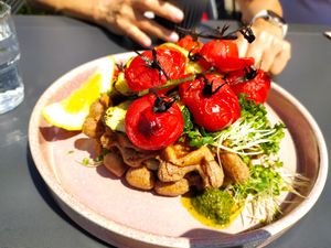 Waffles with courgette, tomatoes, cress a d hummus at Slice of Cornwall in Falmouth