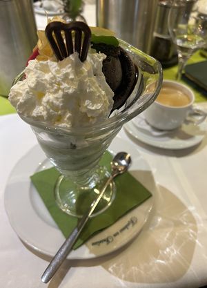 Zwei Kugeln veganes Eis (dunkle Schokolade/Kiwi) mit veganer Sahne  at Schröders at Kurhaus am Inselsee in Guestrow