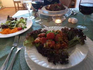 beetroot gnocchi with chanterelle and nuts at Holzschuh's Schwarzwaldhotel in Baiersbronn