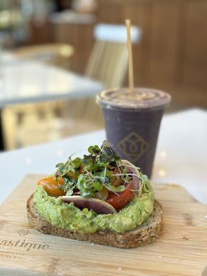 Avo toast and purple heart smoothie   at Toastique in Washington