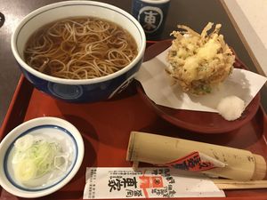 delicious warm soba with vegetable tempura  at Azumaya in Morioka