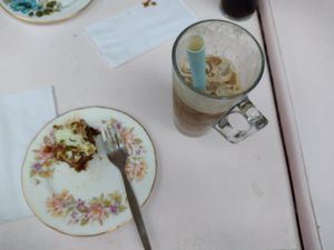 Almond milk iced  coffee and vegan carrot cake at Lion Rock Tea Rooms in Cheddar