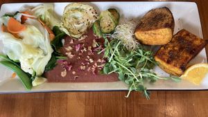 Brussels sprouts with beetroot and rose tahini sauce with roasted sweet potatoes at 諦 Veganism 共響空間- Dì Chún Sù Zhǔyì in Taipei