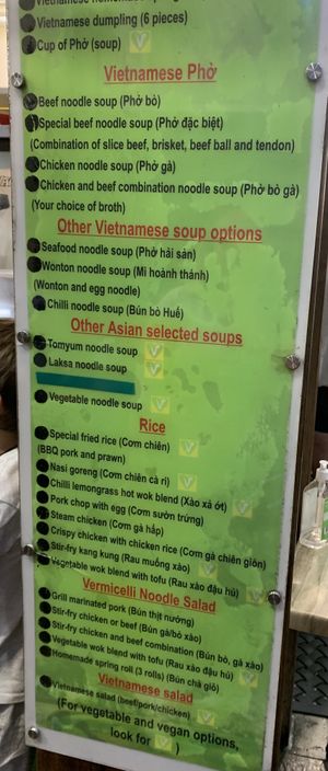Menu with vegan options   at Pho Street in Cairns