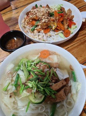 Vegetable noodle soup and wok fried veg and rice at Pho Street in Cairns