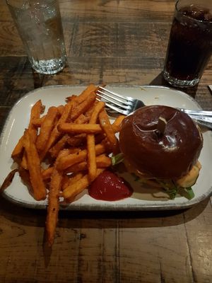 The vegan Betsy burger and sweet potato fries at Hubbox in Taunton