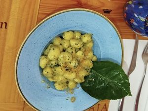 Gnocchi with an almond-based pesto and lemon peel shavings.  at Il Protontino in Amalfi