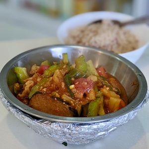 Sambal Bitter Gourd and Fish with Brown Rice at Create Healthy Lifestyle 創意素食 in Central Singapore