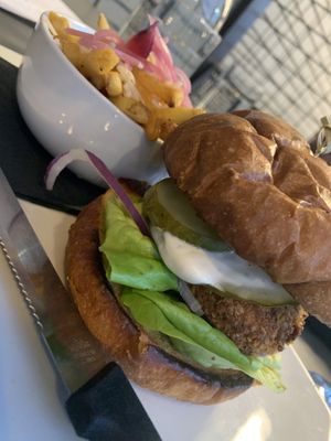 Fried not-chicken sandwich and dirty fries  at Rüt in Spokane