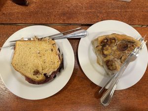 Breakfast option: vegan parma,  burrata and tapenade sandwich  and banana pie  at Hera Veggie in Sao Paulo