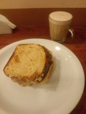 Chai latte and hot cheese sandwich at Hera Veggie in Sao Paulo