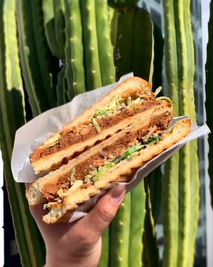 BBQ Jack. Marinated jackfruit sammie with supergreen slaw on a toasted ciabatta and vegan mozarella at The JOLT Coffee Co in Las Vegas