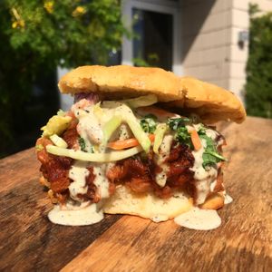 BBQ Jack Biscuit. Vegan biscuit with marinated bbq jackfruit, supergreens and avocado aoili.  at The JOLT Coffee Co in Las Vegas