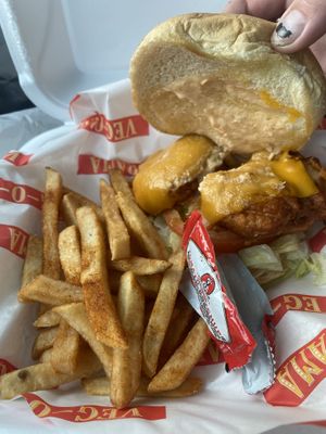 OMG chickn sandwich meal w fries and soda  at Vegorama in Canton