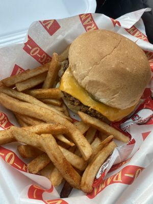 Black bean burger with fries and soda meal   at Vegorama in Canton