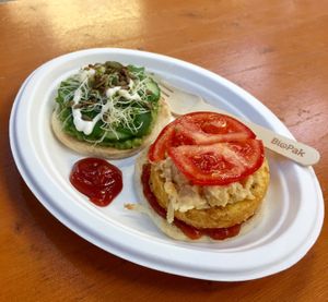 Muffin split, hash browns, “egg style “ chick peas , tomato & avocado. So yum. at Vege Pulse in Auckland